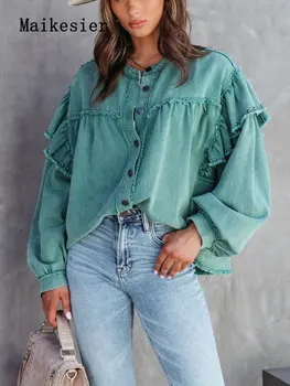 Moda e Re Në Xhaketa për Gratë 2023 Xhaketë Xhins Grave O-Qafë Vintage Jean Tunika TASSEL Rastësor Mëngë të Gjata Krye Rrobat e Grave