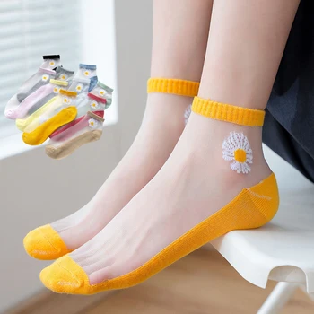 10 Copa = 5 Çifte Transparente Grave të Shkurtër Kyçin e këmbës Çorape Mëndafshi të Vendosur Daisy Lule Vajzat koreane Japoneze Stil calcetines skarpetki