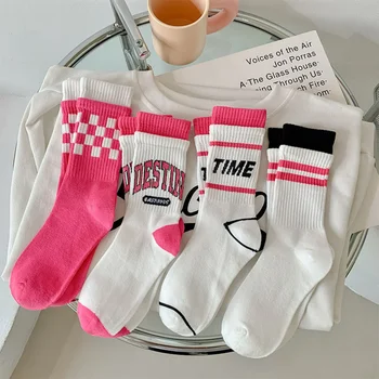 Pink Dyfishtë Ribbed të Lartë Bel Pranverë dhe në Vjeshtë Batica Korean Version i Rrugës me Dy Vija Letër Sportive të Modës Mes-tub Çorape