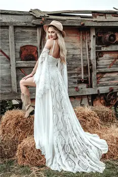 Hipi Crochet Dantella Veshje E Dasmës 2023 Me Çarë Sexy Backless Elegant Civile Bohem Wedding Dresses Me Mëngë Nusja Romantike