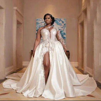 Dubai Afrikë Princeshë Wedding Dresses Plotë Me Mëngë Të Bardha Appliques Sirenë Të Nusërisë Një Sup Nusërisë Fustan Me Detachable Tren