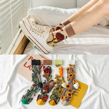 Risi Rastësor Gratë Çorape Harajuku Verës Ultra-hollë Qelqi Transparent Çorape Mëndafshi Sunflowers Kristal Qesharake Çorape me Cilësi të Lartë