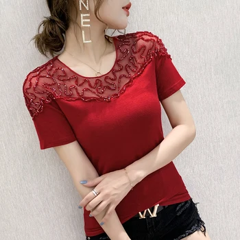 2023 Të Reja Të Verës Evropian Rroba Të Shkurtra Pambuku T-Shirt Elegant Sexy Kolazh Rrjetë Beading Gratë Në Krye Të Shkurtër Mëngë Të Pakta Tees 33039