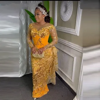 Aso Ebi Dantella Prom Dress Me Sequined Dantella Appliques Mëngë Të Gjata Absolut Qafë Sirenë Fustan Mbrëmje Gra Afrikane I Partisë Dress