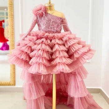 Rozë Lule Girl Dresses për Dasma Partisë Ditëlindja Princess Pendë Tulle Konkursin Dress Formale Prom Gowns me Tren i Gjatë