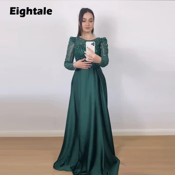 Eightale Vintage Fustan Mbrëmje për Martesë Partisë Beaded Mëngë të Gjata Sirenë Saten Jeshile të Errët arabisht Prom Gowns Celebrity Dress