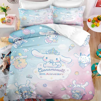 Cartoon Anime Sanrio Shtrat Vendosur Kawaii Cinnamoroll Jorgan Të Mbuluar Duvet Mbuluar Pillowcase Fëmijët Vajza Shtrat Vendosur Binjake Madhësia E Mbretit