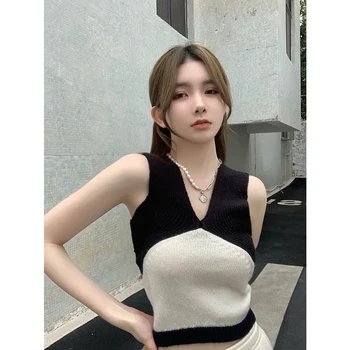 Elegant Gratë Jelek Verës Estetike Duke Thurur Rroba Të Zeza Ngjyrë Të Bardhë Bllokimin Kulture Krye Të Tankeve Korean Modës Bluza Urbane Rastësor