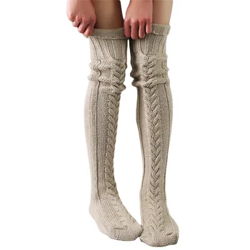 Grave Kabllo Mesit të Gjatësisë Pambuku Grumbull Thurte Stockings Kolegji Stil Kofshë Gjatë, Çorape të Dimrit të Ngurta me Ngjyra Mbi-Gju Dollakë