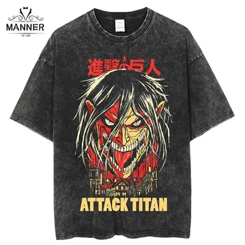 Anime Sulm mbi Titan Acid Larë T Shirt të Zi Grafik Verës Hip Hop Tepërt Majat 100% Pambuk Manga Vintage Tees për Njeriun