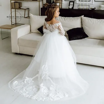 Mëngë Të Gjata Dantella Princeshë Lule Girl Dresses 2022 Topin Fustan Bashkësi Të Bardhë Veshjet Për Vajzat E Vogla Mantel Mariage Enfant Fille