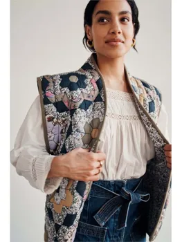 Vintage Lule Të Printuara Kolazh Mëngë Të Gjata Pambuku Xhaketë Femra Të Trasha Ngrohtë Rastësor Pallto 2023 Vjeshtë Dimër Zonjë E Lartë Streetwear