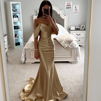 Thinyfull Shampanjë Sirenë Prom Dresses Jashtë Shouler Fustan Mbrëmje Saten Formale Arabia Saudite Parti Koktej Gowns Plus Size