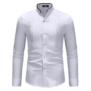 Mens Bardhë Mandarin Jakë Këmisha Veshje E Dasmës Smoking Këmishë 2022 Markë Të Aftë Të Pakta Të Gjatë Mëngë Të Këmishë Të Njerëzve Të Biznesit Rastësor Gartered