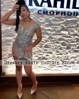 Luksoze Argjendi Të Shkurtër Sirenë Prom Dresses 2023 Për Zezë Vajzat Sexy Beaded Kristale Dresses Koktej Ditëlindjeje Gowns