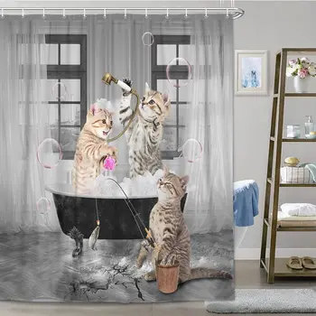 Funny Banje Cat Dush Perde Kafshët Cute Pet Krijuese Dush Perde Moderne Pëlhurë Fëmijët Banjo Dekorimin me Grepa