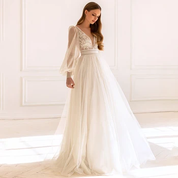 V-Qafë Absolut Në Krye Të Gjata Dantella Appliqued Një-Line Vezullim Tulle Nusja Gowns Wedding Dresses 2022