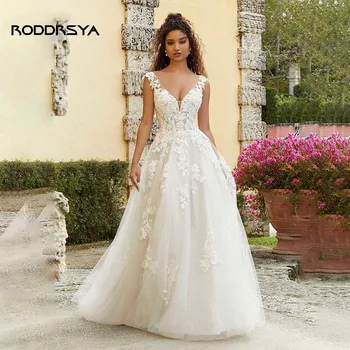 RODDRSYA V-qafë Boho Wedding Dresses Katin e-gjatësia Tulle Vestido De Noiva Appliques Një-line Backless Nusërisë Gowns Për Gratë 2023