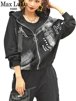 Max LuLu Womens Modës Letër Të Zezë Punk Xhaketa 2022 Pranverë Korean Xhins Stil Maskuar Dizajn Të Lirshme Tunika Rastësor Gotik Rrobat