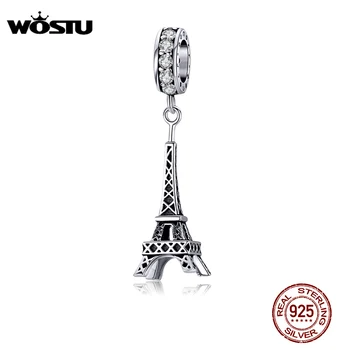 WOSTU Autentike 925 Sterling Silver Eiffel Tower Charms Zircon Openwork Rruaza të Përshtaten Origjinale Byzylyk Varëse Bizhuteri CTC154