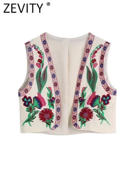 Zevity Gratë Vintage Pozitën e Lules Qëndisje të Shkurtër, Jelek Xhaketë Zonja Kombëtare Stil Mozaikun e Rastësishme WaistCoat Krye CT1395