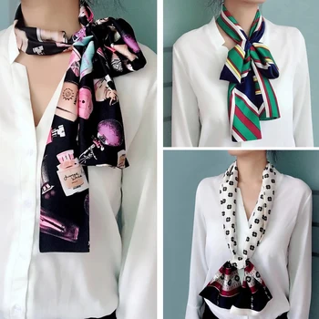 Moda e Vogël e Gjatë e Shall Mëndafshi Për Gratë Saten 145X15CM të Dyfishtë të njëanshme Shtypjen Zonja Lcarves Flokët Shall të Vajzave 