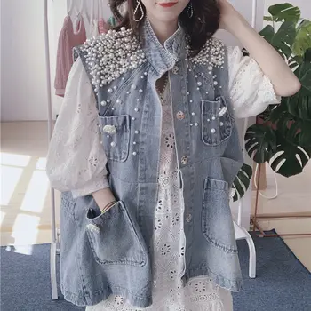 Supe me Vlerë të Grave Xhins Tank Top Xhins Waistcoat Korean Modës Triko Xhaketë të Lirshme Plus Size Perla Butonin Jelek Designer