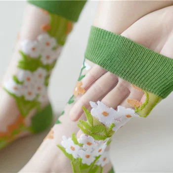 Gratë Kristal Çorape Mëndafshi të Verës Ultra-hollë Transparente Elastike Gjatë Çorape Cartoon Qëndisje Japoneze Kawaii Bukur Qesharake Çorape