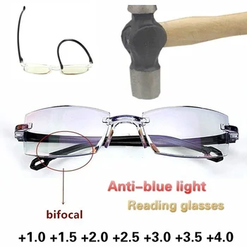 2023 Ri Burra Gra Rimless Syzet E Leximit Anti Dritë Blu Bifocal Shumë Pranë Syze Zmadhuese Presbyopic Syzet +150 +200
