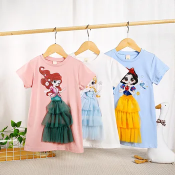 2023 Disney Elsa T-shirt Fustan Pambuku Snow White Cartoon Vajzë Rroba të Gjata T-shirt të Shtypura Rrjetë Princess Dress Anijeve të Lirë