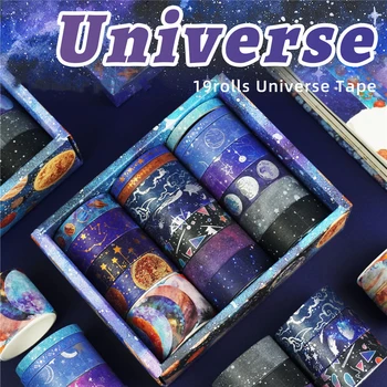 19pcs Universit Washi Kaseta Vendosur Ari Argjendi Metalike Galaxy Hapësirë Yll Letër Ngjitës Maskimin Shirit Dekorimin Stickers A7195