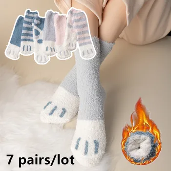 7 çifte Cat Kthetrat e Bukur Çorape Koral Qeth të Dimrit Gratë Çorape të Kafshëve të Trasha Termike Katin e Gjumit Kawaii Karamele Ngjyra Kadife Goditje të Ngrohtë