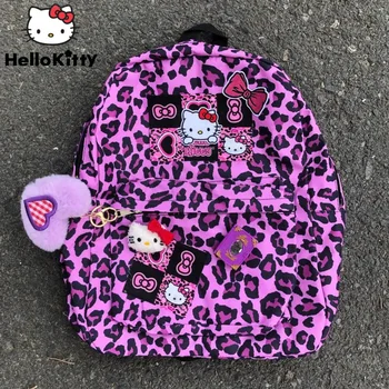 Sanrio Hello Kitty Purpurt Leopard Shtyp Qese Sup Y2k Estetike të Grave Qese Korean Modës Shkolla Çanta Për Adoleshentët Punk Shpinës