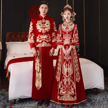 2023 e Re Kineze Çift Vintage Mandarin Jakë Cheongsam Dolli Veshje Kostum Dragon dhe Phoenix Qëndisje Veshje e Dasmës