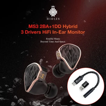 Hidizs MS3 Wired më të Mirë HiFi Në Vesh Earphone 2BA+1DD Hibrid 3 Shoferët IEMs Hi-Res Monitoruesit e Kufjeve 0.78 mm/2PIN 3.5/4.4 mm Kabllo