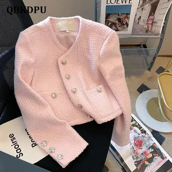 Pink Korean Qethur Shkurt Luksoze Grave Xhaketë Elegante Raundin Qafën Të Gjatë Mëngë Të Projektimit Pallto Të Vjela Vetme Breasted Chaquetas Mujer 2022