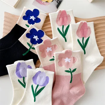 Japoneze, Koreane Stilin E Kartonave Tulip Lule E Bukur Çorape Grave Streetwear Rajë Harajuku Kawaii Çorape Vjeshtë