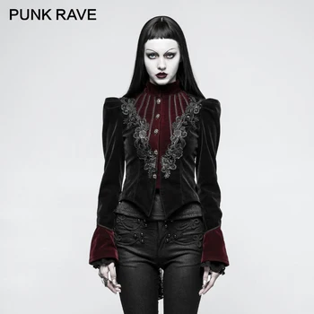 PUNK RAVE Gotik Scissor-bisht Twill Velveteen Zonja Xhaketë të Shkurtër Model Qëndisje Dekorimin Splicing Gdhendje Butonat Tunika