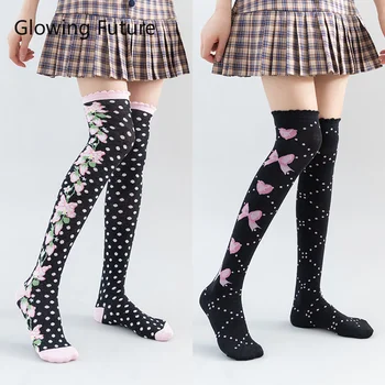 Lolita Bukur Dantella Lule Kofshë Të Lartë Çorape Japoneze Cartoon Vajzë Të Rehatshme Gju Lartë Çorape Pambuku Bien Dimrit Të Gjatë Çorape Grave