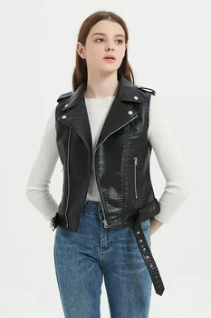 Streetwear Grave të Butë PU Jelek Femra Plus Size 5XL Faux jakë xhakete lëkurë deleje Pallto Moto Biker Waistcoat Sleeveless Xhaketë Lëkure