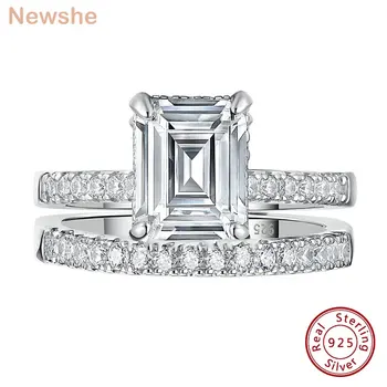 Newshe 3.4 Ct Emerald Prerë Simuluar Diamanti Angazhimin Unaza AAAAA CZ të Vërtetë 925 Sterling Silver Dasmës Nusërisë Vendosur Për Gratë